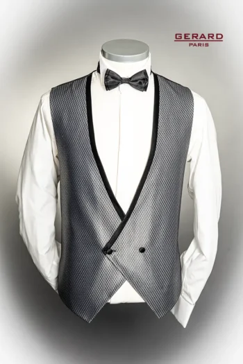 Elegant charcoal grey men’s vest with satin trim and geometric pattern