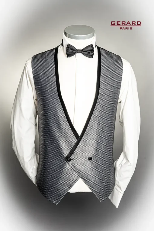 Elegant charcoal grey men’s vest with satin trim and geometric pattern
