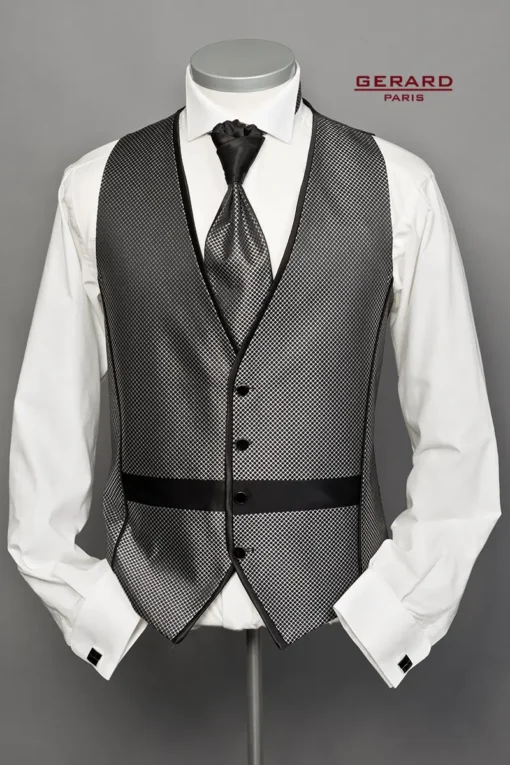 Berlin Silver Waistcoat with Diamond Pattern and Matching Black Satin Ascot Tie