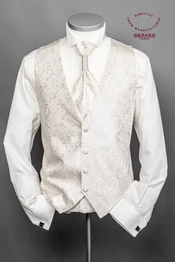 Cream wedding vest set with shimmer pattern and elegant cravat, 3-piece set