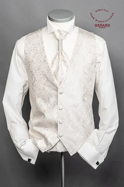 Cream wedding vest set with shimmer pattern and elegant cravat, 3-piece set