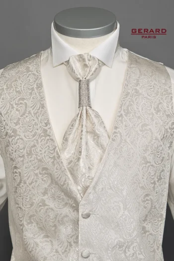 Cream wedding vest set with shimmer pattern and elegant cravat, 3-piece set