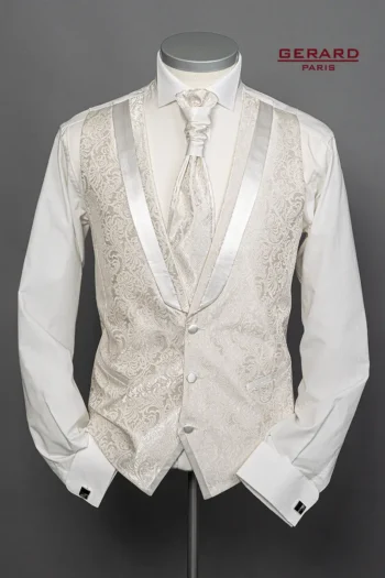 Elegant cream ivory wedding vest with paisley brocade pattern and satin trim
