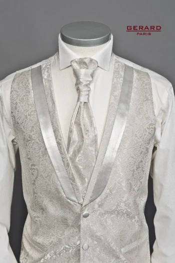 Elegant cream ivory wedding vest with paisley brocade pattern and satin trim