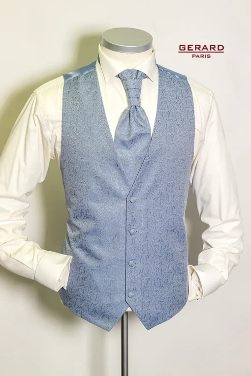 Tailored light blue wedding waistcoat with matching cravat by Gerard Paris
