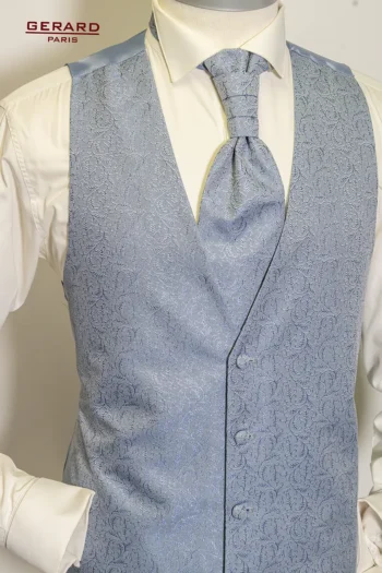 Tailored light blue wedding waistcoat with matching cravat by Gerard Paris