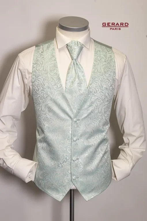 Wedding waistcoat in mint green with paisley pattern by Gerard Paris.