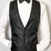 “Gerard Paris Black Wedding Vest with Baroque Pattern and Matching Bow Tie”