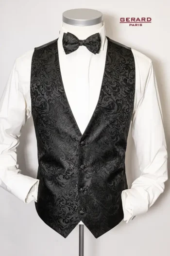 “Gerard Paris Black Wedding Vest with Baroque Pattern and Matching Bow Tie”