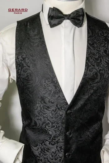 “Gerard Paris Black Wedding Vest with Baroque Pattern and Matching Bow Tie”