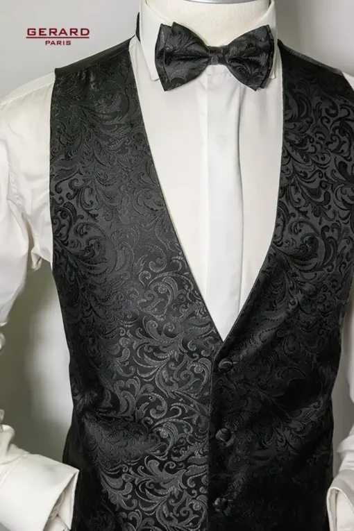 “Gerard Paris Black Wedding Vest with Baroque Pattern and Matching Bow Tie”