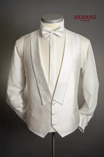 Elegant cream ivory tailcoat vest with brocade pattern and satin lapels”