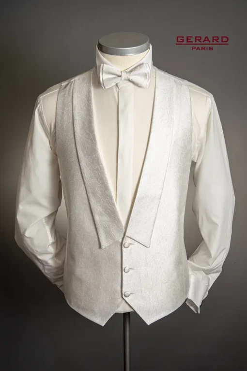 Elegant cream ivory tailcoat vest with brocade pattern and satin lapels”