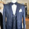 Napoli Midnight Blue Wedding Suit with Paisley Pattern, Satin Lapel, and Matching Bow Tie