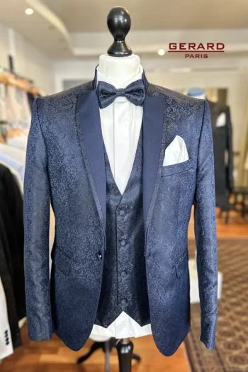 Napoli Midnight Blue Wedding Suit with Paisley Pattern, Satin Lapel, and Matching Bow Tie