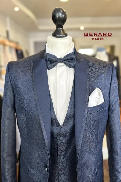 Napoli Midnight Blue Wedding Suit with Paisley Pattern, Satin Lapel, and Matching Bow Tie