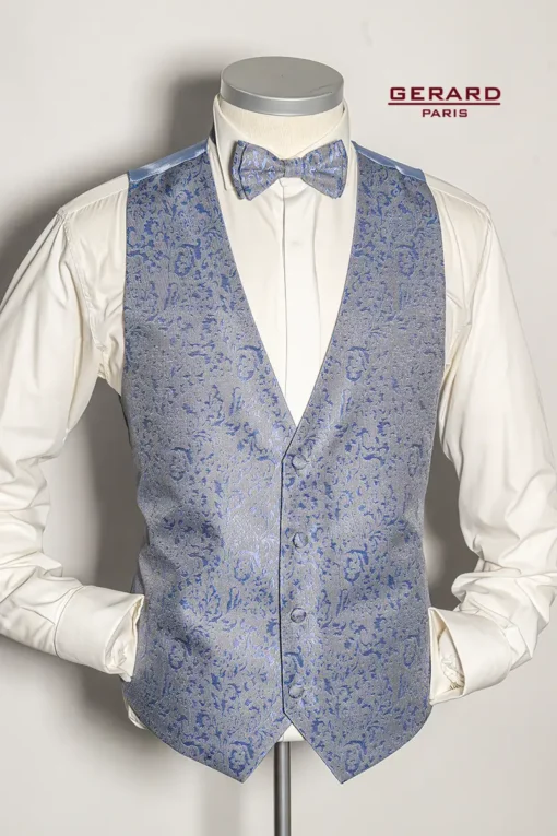 “Gerard Paris Light Blue Floral Wedding Vest with Matching Bow Tie”