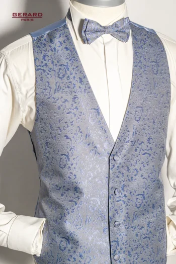 “Gerard Paris Light Blue Floral Wedding Vest with Matching Bow Tie”