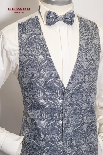 “Gerard Paris Blue-Grey Paisley Wedding Vest with Matching Bow Tie and Cravat”