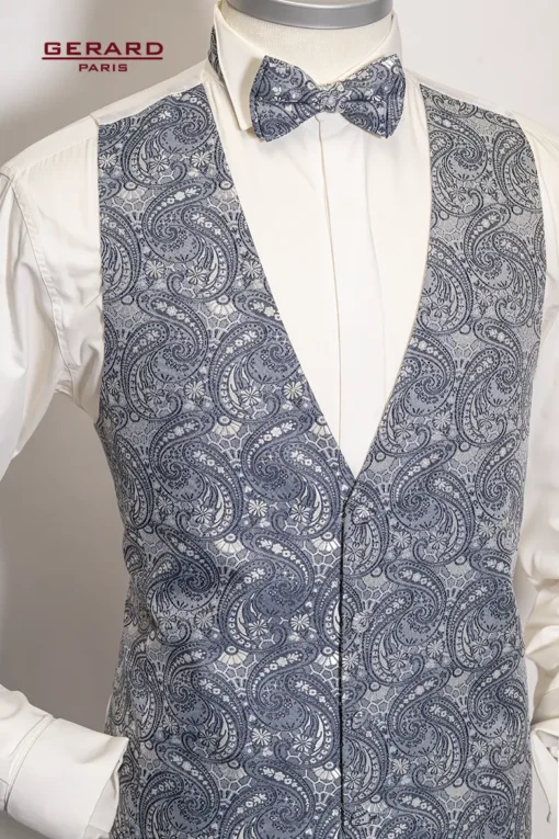 “Gerard Paris Blue-Grey Paisley Wedding Vest with Matching Bow Tie and Cravat”