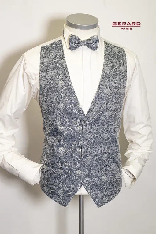 “Gerard Paris Blue-Grey Paisley Wedding Vest with Matching Bow Tie and Cravat”