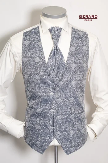 “Gerard Paris Blue-Grey Paisley Wedding Vest with Matching Bow Tie and Cravat”