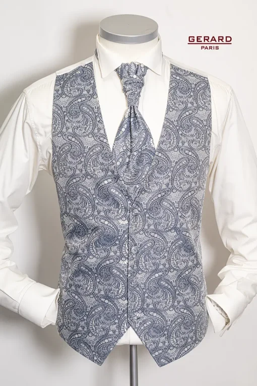 “Gerard Paris Blue-Grey Paisley Wedding Vest with Matching Bow Tie and Cravat”