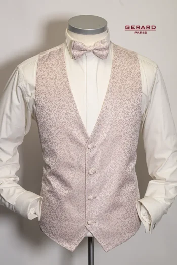 “Gerard Paris Light Pink Floral Wedding Vest with Matching Bow Tie and Cravat”