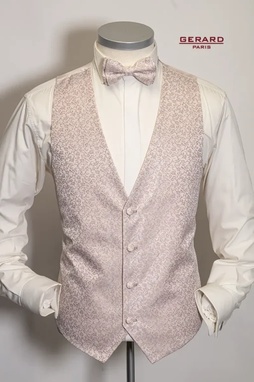 “Gerard Paris Light Pink Floral Wedding Vest with Matching Bow Tie and Cravat”