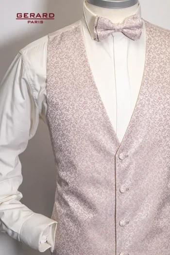 “Gerard Paris Light Pink Floral Wedding Vest with Matching Bow Tie and Cravat”