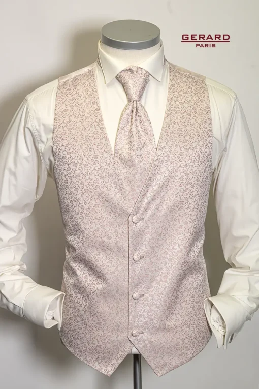 “Gerard Paris Light Pink Floral Wedding Vest with Matching Bow Tie and Cravat”