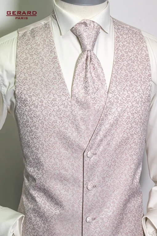 “Gerard Paris Light Pink Floral Wedding Vest with Matching Bow Tie and Cravat”