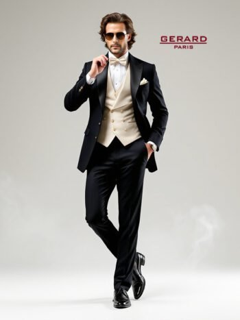 “Black wedding suit with satin peak lapel and cream waistcoat, perfect for formal occasions.”