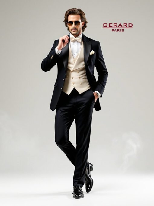 “Black wedding suit with satin peak lapel and cream waistcoat, perfect for formal occasions.”