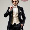 “Black wedding suit with satin peak lapel and cream waistcoat, perfect for formal occasions.”