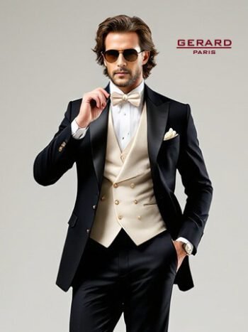 “Black wedding suit with satin peak lapel and cream waistcoat, perfect for formal occasions.”