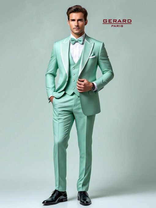 “Mint green wedding suit with peak lapel, slim-fit tailoring, and white satin accents.”