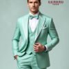 “Mint green wedding suit with peak lapel, slim-fit tailoring, and white satin accents.”