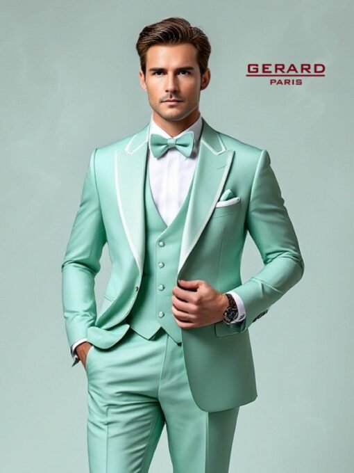 “Mint green wedding suit with peak lapel, slim-fit tailoring, and white satin accents.”