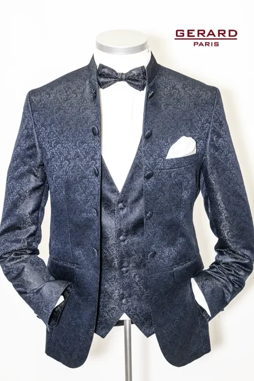 Gerard Paris Midnight Elegance wedding suit in deep blue with brocade pattern, Mandarin collar, and matching waistcoat.